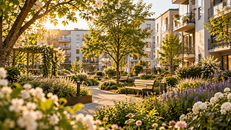Innergård med blommor och sittbänkar